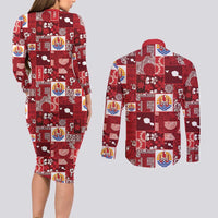 Tahiti Oaoa I Teie Noera Couples Matching Long Sleeve Bodycon Dress and Long Sleeve Button Shirt Pacific Patchwork Xmas Vibes LT9 - Polynesian Pride