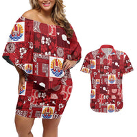 Tahiti Oaoa I Teie Noera Couples Matching Off Shoulder Short Dress and Hawaiian Shirt Pacific Patchwork Xmas Vibes LT9 Red - Polynesian Pride