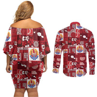Tahiti Oaoa I Teie Noera Couples Matching Off Shoulder Short Dress and Long Sleeve Button Shirt Pacific Patchwork Xmas Vibes LT9 - Polynesian Pride