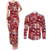 Tahiti Oaoa I Teie Noera Couples Matching Tank Maxi Dress and Long Sleeve Button Shirt Pacific Patchwork Xmas Vibes LT9 Red - Polynesian Pride