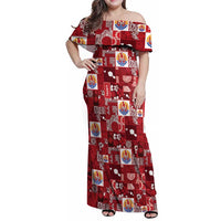 Tahiti Oaoa I Teie Noera Family Matching Off Shoulder Maxi Dress and Hawaiian Shirt Pacific Patchwork Xmas Vibes LT9 Mom's Dress Red - Polynesian Pride