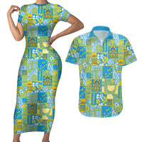 Tuvalu Manuia te Kilisimasi Couples Matching Short Sleeve Bodycon Dress and Hawaiian Shirt Pacific Patchwork Xmas Vibes LT9 Green - Polynesian Pride