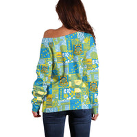 Tuvalu Manuia te Kilisimasi Off Shoulder Sweater Pacific Patchwork Xmas Vibes - Polynesian Pride