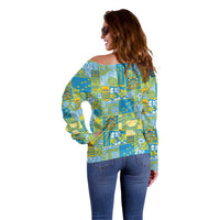 Tuvalu Manuia te Kilisimasi Off Shoulder Sweater Pacific Patchwork Xmas Vibes - Polynesian Pride