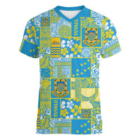 Tuvalu Manuia te Kilisimasi Women V-Neck T-Shirt Pacific Patchwork Xmas Vibes - Polynesian Pride