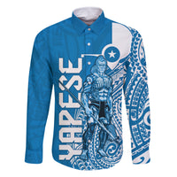 Yap Day 1 March Family Matching Off Shoulder Maxi Dress and Hawaiian Shirt Micronesia Yapese Warrior LT9 Dad's Shirt - Long Sleeve Blue - Polynesian Pride