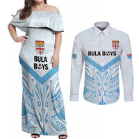 Fiji Football Custom Couples Matching Off Shoulder Maxi Dress and Long Sleeve Button Shirt Bula Boys Go Champions LT9 Blue - Polynesian Pride