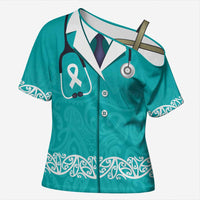New Zealand Nurses Week Cross Shoulder Shirt Maori Kowhaiwhai Cyan Tribal LT9 Female Cyan - Polynesian Pride