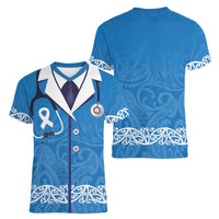 New Zealand Nurses Week Women V-Neck T-Shirt Maori Kowhaiwhai Blue Tribal LT9 - Polynesian Pride