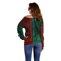 African Dashiki Off Shoulder Sweater With Tapa Pattern - Half Green and Red LT9 - Polynesian Pride