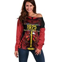 Independen Stet bilong Papua Niugini 1975 Off Shoulder Sweater Red Tribal Papua New Guinea Province Flag LT9 Women Red - Polynesian Pride