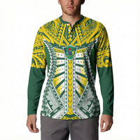 Cook Islands 1965 National Pride Button Sweatshirt Green Yellow Tribal Pattern LT9 - Polynesian Pride
