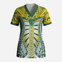 Cook Islands 1965 National Pride Scrub Top Green Yellow Tribal Pattern LT9 Adult Green - Polynesian Pride