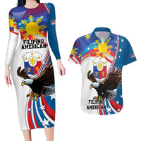 Personalized Filipino-American Couples Matching Long Sleeve Bodycon Dress and Hawaiian Shirt The Eight-Rayed Sun with Bald Eagle LT9 Blue - Polynesian Pride