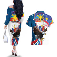 Personalized Filipino-American Couples Matching Off The Shoulder Long Sleeve Dress and Hawaiian Shirt The Eight-Rayed Sun with Bald Eagle LT9 - Polynesian Pride
