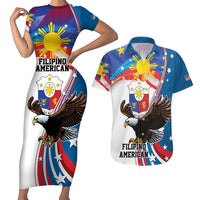 Personalized Filipino-American Couples Matching Short Sleeve Bodycon Dress and Hawaiian Shirt The Eight-Rayed Sun with Bald Eagle LT9 Blue - Polynesian Pride