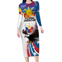 Personalized Filipino-American Family Matching Long Sleeve Bodycon Dress and Hawaiian Shirt The Eight-Rayed Sun with Bald Eagle LT9 Mom's Dress Blue - Polynesian Pride