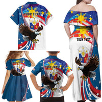 Personalized Filipino-American Family Matching Off Shoulder Maxi Dress and Hawaiian Shirt The Eight-Rayed Sun with Bald Eagle LT9 - Polynesian Pride