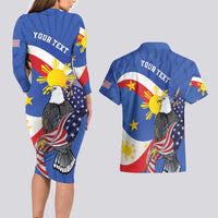 Personalized Filipino-American Couples Matching Long Sleeve Bodycon Dress and Hawaiian Shirt Philippines Coat Of Arms with Bald Eagle LT9 - Polynesian Pride