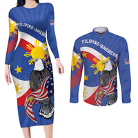 Personalized Filipino-American Couples Matching Long Sleeve Bodycon Dress and Long Sleeve Button Shirt Philippines Coat Of Arms with Bald Eagle LT9 White - Polynesian Pride