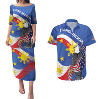 Personalized Filipino-American Couples Matching Puletasi and Hawaiian Shirt Philippines Coat Of Arms with Bald Eagle LT9 White - Polynesian Pride