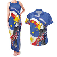 Personalized Filipino-American Couples Matching Tank Maxi Dress and Hawaiian Shirt Philippines Coat Of Arms with Bald Eagle LT9 White - Polynesian Pride