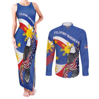 Personalized Filipino-American Couples Matching Tank Maxi Dress and Long Sleeve Button Shirt Philippines Coat Of Arms with Bald Eagle LT9 White - Polynesian Pride