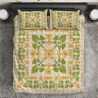 Squares Puakenikeni and Kalo Bedding Set Beige Palaka Hawaiian Quilt Pattern - Polynesian Pride