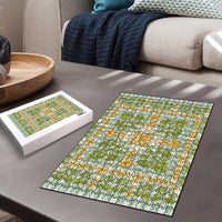 Squares Puakenikeni and Kalo Puzzle Turquoise Palaka Hawaiian Quilt Pattern - Polynesian Pride