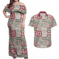 Mele Kalikimaka Hawaii Christmas Couples Matching Off Shoulder Maxi Dress and Hawaiian Shirt Aloha Spirit with Hawaiian Quilt Pattern LT9 Beige - Polynesian Pride