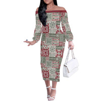 Mele Kalikimaka Hawaii Christmas Family Matching Off The Shoulder Long Sleeve Dress and Hawaiian Shirt Aloha Spirit with Hawaiian Quilt Pattern LT9 Mom's Dress Beige - Polynesian Pride