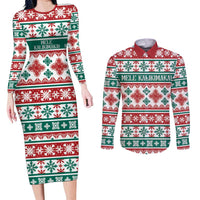 Mele Kalikimaka Hawaii Christmas Couples Matching Long Sleeve Bodycon Dress and Long Sleeve Button Shirt Hawaiian Quilt Pattern Style LT9 Beige - Polynesian Pride