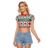 Mele Kalikimaka Hawaii Christmas Raglan Cropped T Shirt Hawaiian Quilt Pattern Style - Polynesian Pride