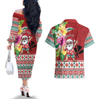 Santa Surf Mele Kalikimaka Personalized Couples Matching Off The Shoulder Long Sleeve Dress and Hawaiian Shirt Aloha Tropical Christmas Vibes LT9 - Polynesian Pride