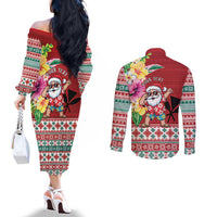 Santa Surf Mele Kalikimaka Personalized Couples Matching Off The Shoulder Long Sleeve Dress and Long Sleeve Button Shirt Aloha Tropical Christmas Vibes LT9 - Polynesian Pride