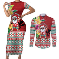 Santa Surf Mele Kalikimaka Personalized Couples Matching Short Sleeve Bodycon Dress and Long Sleeve Button Shirt Aloha Tropical Christmas Vibes LT9 Red - Polynesian Pride