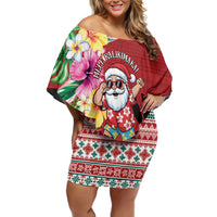 Santa Surf Mele Kalikimaka Personalized Family Matching Off Shoulder Short Dress and Hawaiian Shirt Aloha Tropical Christmas Vibes LT9 Mom's Dress Red - Polynesian Pride
