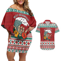 Shaka Sign Skull Mele Kalikimaka Personalized Couples Matching Off Shoulder Short Dress and Hawaiian Shirt Hawaiian Quilt Pattern LT9 Red - Polynesian Pride