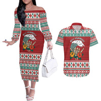 Shaka Sign Skull Mele Kalikimaka Personalized Couples Matching Off The Shoulder Long Sleeve Dress and Hawaiian Shirt Hawaiian Quilt Pattern LT9 Red - Polynesian Pride