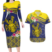 Niue Coconut Crab Couples Matching Long Sleeve Bodycon Dress and Hawaiian Shirt Rock of Polynesia LT9 Gold - Polynesian Pride
