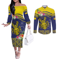 Niue Coconut Crab Couples Matching Off The Shoulder Long Sleeve Dress and Long Sleeve Button Shirt Rock of Polynesia LT9 Gold - Polynesian Pride