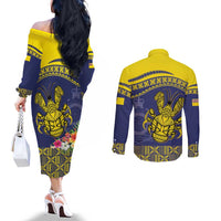 Niue Coconut Crab Couples Matching Off The Shoulder Long Sleeve Dress and Long Sleeve Button Shirt Rock of Polynesia LT9 - Polynesian Pride