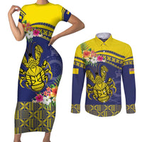 Niue Coconut Crab Couples Matching Short Sleeve Bodycon Dress and Long Sleeve Button Shirt Rock of Polynesia LT9 Gold - Polynesian Pride