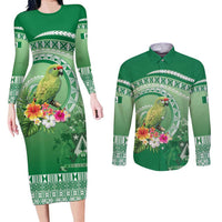 Norfolk Parakeet Tropical Couples Matching Long Sleeve Bodycon Dress and Long Sleeve Button Shirt Norfolk Island Tribal Pattern LT9 Green - Polynesian Pride