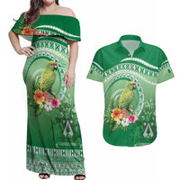 Norfolk Parakeet Tropical Couples Matching Off Shoulder Maxi Dress and Hawaiian Shirt Norfolk Island Tribal Pattern LT9 Green - Polynesian Pride