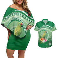 Norfolk Parakeet Tropical Couples Matching Off Shoulder Short Dress and Hawaiian Shirt Norfolk Island Tribal Pattern LT9 Green - Polynesian Pride