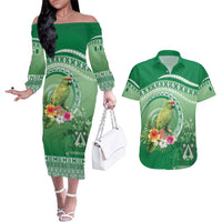 Norfolk Parakeet Tropical Couples Matching Off The Shoulder Long Sleeve Dress and Hawaiian Shirt Norfolk Island Tribal Pattern LT9 Green - Polynesian Pride