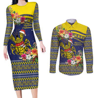 Monuina e Kilisimasi Niue Christmas Couples Matching Long Sleeve Bodycon Dress and Long Sleeve Button Shirt Niuean Tribal Pattern LT9 Gold - Polynesian Pride