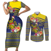Monuina e Kilisimasi Niue Christmas Couples Matching Short Sleeve Bodycon Dress and Long Sleeve Button Shirt Niuean Tribal Pattern LT9 Gold - Polynesian Pride