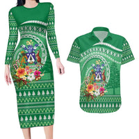 Norfolk Island Pine Tree Christmas Couples Matching Long Sleeve Bodycon Dress and Hawaiian Shirt Coat of Arm and Polynesian Pattern LT9 Green - Polynesian Pride